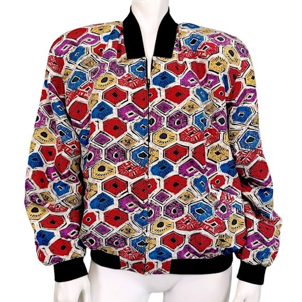 VINTAGE 90’s Diane Gillman Multicolor Honeycomb Art Print Silk Bomber Jacket